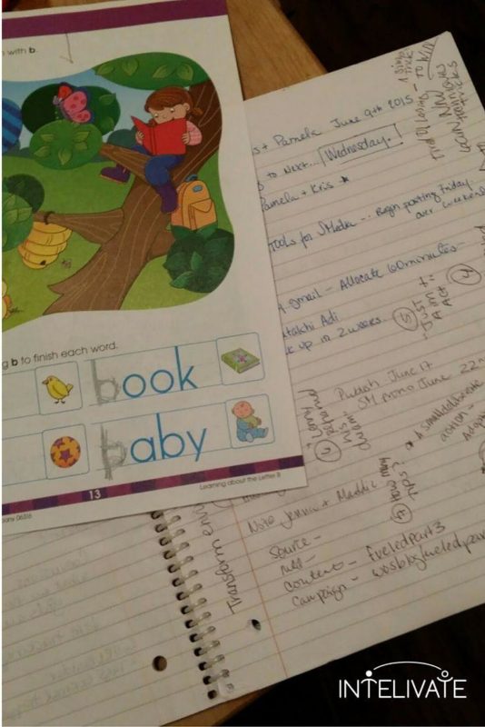 Setting boundaries is one of the major challenges of virtual teams. Pictured are kids books on top of work notes.